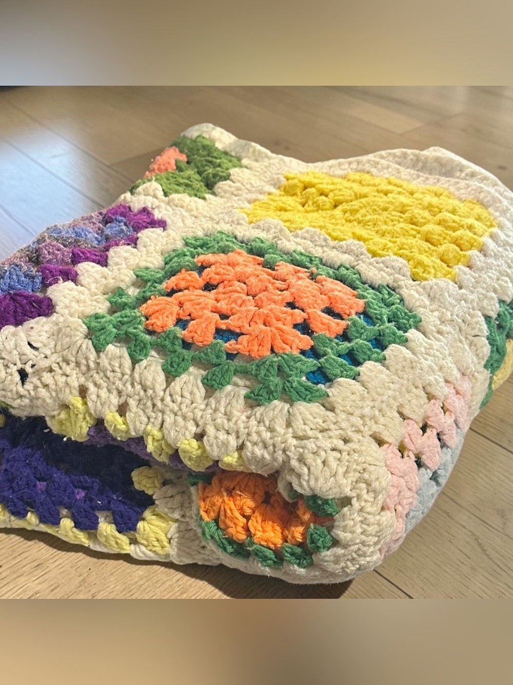 Hand-Crocheted Cream Throw with Multicolor Granny Squares